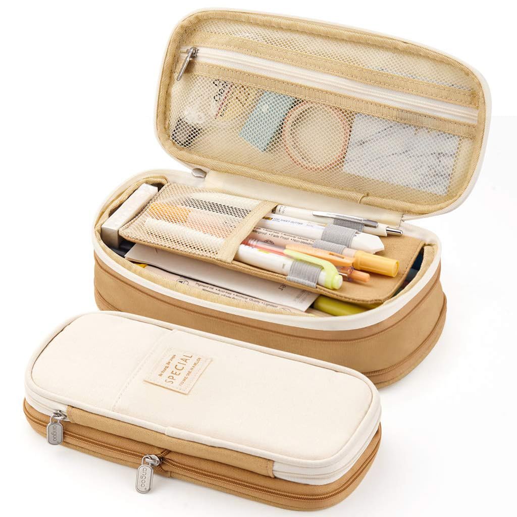 HASTHIP Large Capacity Pencil Case, Durable Storage Multiple Compartment Double Zipper Portable Capacity Pencil Pouch for College Student Teen, 22x11cm (Khaki) HASTHIP Large Capacity Pencil Case, Durable Storage Multiple Compartment Double Zipper Portable Capacity Pencil Pouch for College Student Teen, 22x11cm (Khaki)